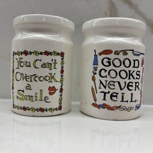 Vintage White Canister Shaped Connecting Salt Pepper Shakers Funny Messages